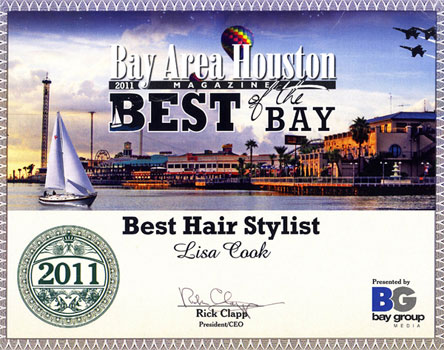 Lisa Cook also received the 2011 Bay Area Houston "Best ofthe Bay" award for Best Hair Stylist! You can have confidence that your hair is in good hands.